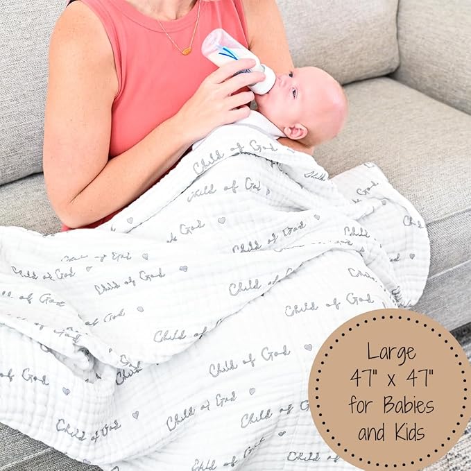 LollyBanks Muslin Baby Blanket 100% Organic Cotton, Muslin Quilt Lightweight, Toddler Blanket for Boy and Girl, 6 Layers Baby Blankets 47"x 47", Nursery Receiving Blankets (Christian Baby)