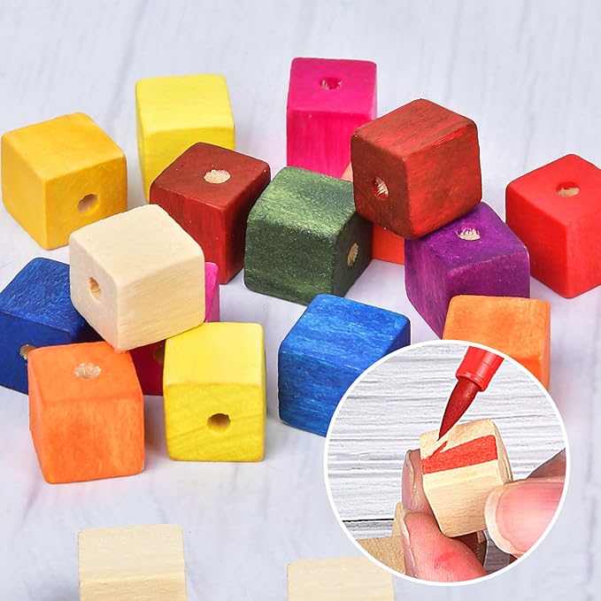 Supkiir Wood Craft Cubes, 100Pcs Wooden Craft Blocks with Holes, Unfinished Wood Cubes for DIY Projects Alphabet, Small Wooden Square Blocks (0.47in-12mm)