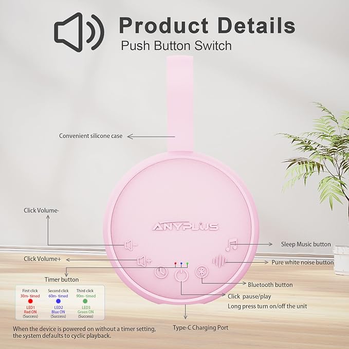 White Noise Sound Machine for Sleeping Adults & Baby, Portable Noise Machine with 24 Soothing Sounds, Bluetooth 5.1, Battery Powered, 3 Timer Settings, Memory Function for Home, Office, Travel(Pink)