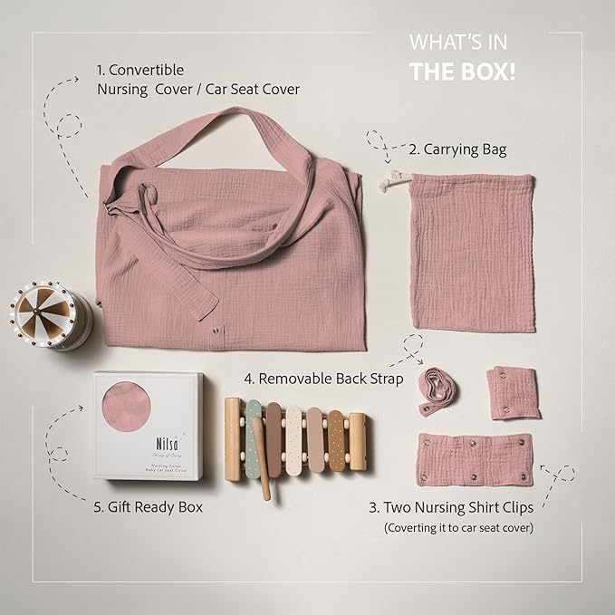 Nilsa 5-in-1 Muslin Nursing Cover up for Breastfeeding & Baby Car Seat Cover - Breathable Breastfeeding Cover With Rigid Hoop - 100% Cotton Privacy Apron Breast Feeding Covers For Women (Blush)