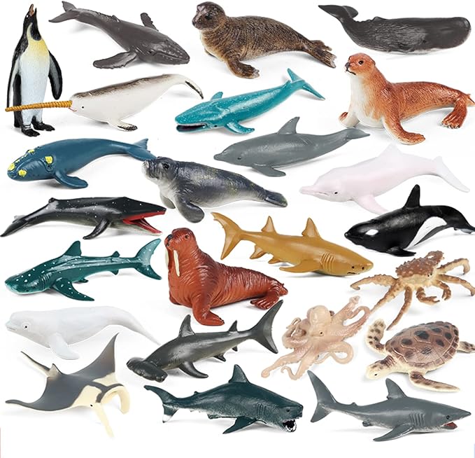 24PCS Mini Ocean Animal Figurines - Realistic Sea Creatures Toy Figures with Sharks, Whales & Walrus - Under The Sea Life Figure for Party Decoration, Easter Egg Filler & School Project