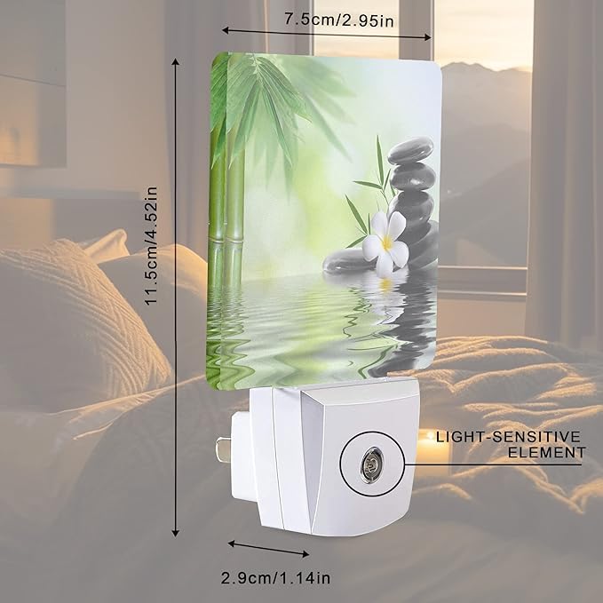 Zen Stones Bamboo Tree Jasmine Flower Spa Night Light Plug-in LED Nightlights Auto Sensor Night Lamp Dusk-to-Dawn Lamp Home Decor for Nursery Children Girls Boys