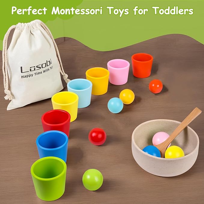Rainbow Balls in Cups Toddler Montessori Toys - Color Sorting Toys for Toddlers for 3 Year Old Up, Learning Color Sorting and Counting, Kids Preschool Wooden Matching Games (8 Balls, 1.4 in)