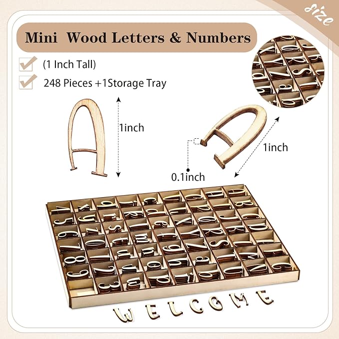 Geelin 248 Pcs 1 Inch Wood Alphabet Letters Numbers with Storage Box Blank Unfinished Wooden Letters Numbers with Rustic Storage Tray for Spelling Learning Education DIY Crafts