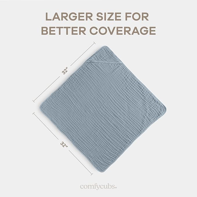 Comfy Cubs Hooded Baby Towel 2-Pack, Large 32 x 32 Inch - 6 Layer 100% Muslin Cotton for Babies, Toddlers and Kids - Soft & Absorbent Baby Bath Towels - Unisex Design for Bath Time - Pacific Blue