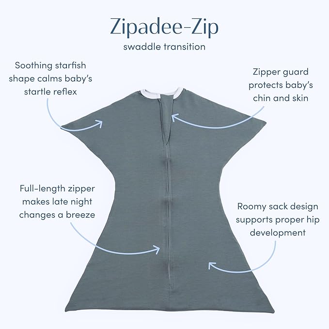 SleepingBaby Zipadee-Zip Transition Swaddle - Cozy Baby Swaddle Blanket with Zipper Convenience - Roomy Wearable Blanket for Easy Diaper Changes - Classic Grey, Medium (6-12 Month)