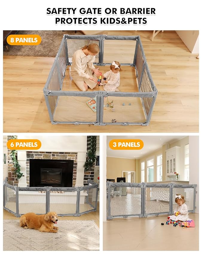 Extra Wide Baby Gate Playpen with Heat-Resistant Mesh,8 Panel Foldable Baby Fence,Indoor/Outdoor Safety Barrier,Dog Playpen & Fireplace Gate Gray