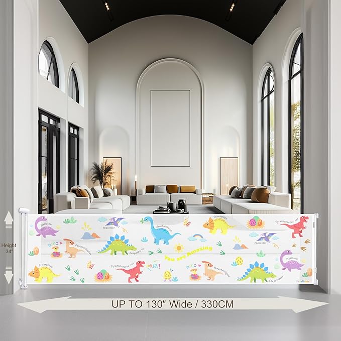 Retractable Baby Gate for Doorways and Stairs, Mesh Safety Gate for Pet, Indoor & Outdoor Use, One-Hand Operation, Easy Installation, 34" Tall, Expands to 130" Wide,Dinosaurs,34"x130"