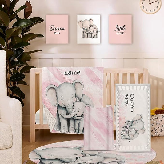 Personalized Baby Crib Bedding Set for Baby Girls, Pink Elephant Design Custom Name Baby Crib Sets 5-Pcs, Toddler Double Layer Blanket Fitted Sheets Changing Pad Cover Rug Wall Art Set
