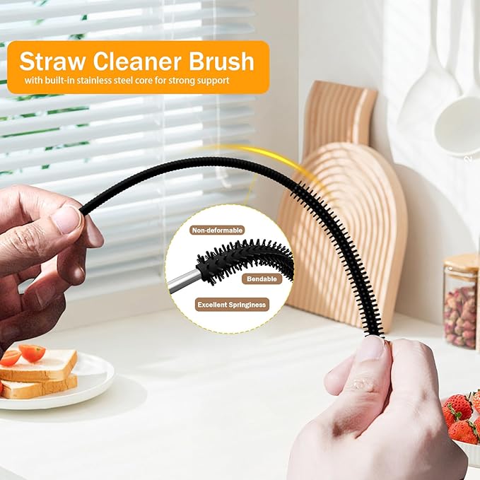 2Pcs Silicone Straw Cleaner Brush, 9.84in Reusable Straw Cleaner with Bendable Steel Core, Extra Long Soft Bottle Brush for Clearing Glass Straws, Smoothie Straws, 9mm&6mm (Black)