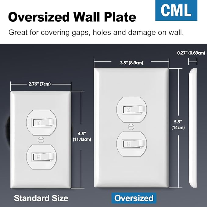 CML Oversized Duplex Outlet Covers, 6 Pack Jumbo Electrical Outlet Wall Plate, 1-Gang White Switch Plates, Dual Receptacle Faceplate, Over-Size 3.5” x 5.5”, Impact Resistant, ETL Listed