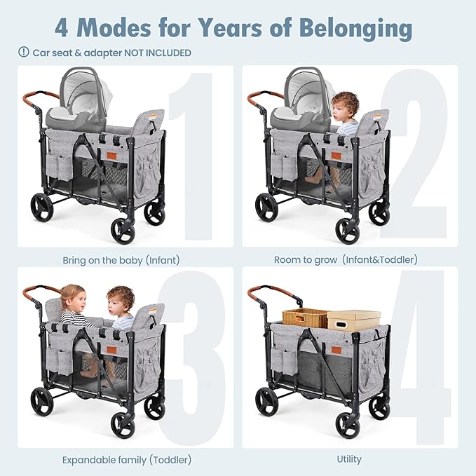 Wagon Stroller for 2 Kids, High Seat & 5 Point Harness, Foldable All-Terrain Wagon for Toddler with Canopy, Parent Organizer, Shoulder Bag, Adjustable Handlebar, Ultimate Double (Gray)