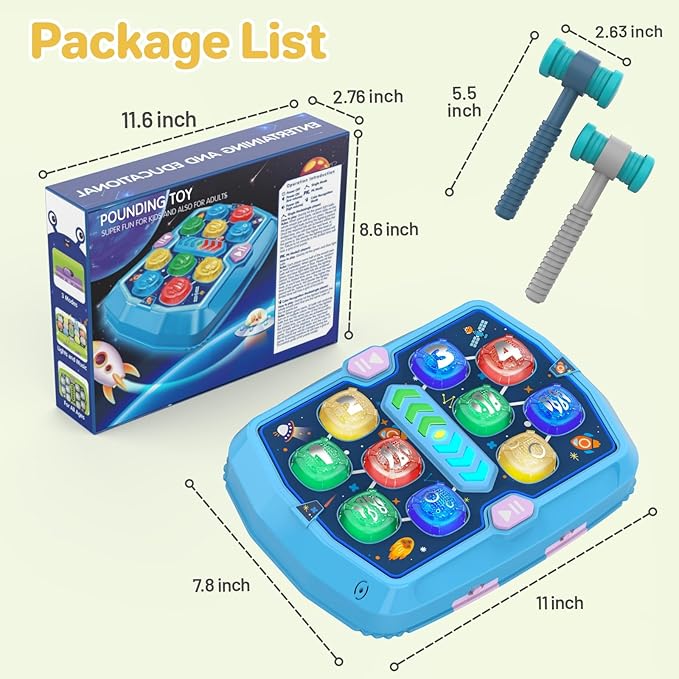 WAYKEE Whack Mole Game for Toddlers, Toys for 3 4 5 6+ Year Old Boys Girls, Interactive Toddler Boy Girl Toys with 3 Modes & 2 Hammers, Sound & Light, Birthday for 3-10 Year Old Boys Girls