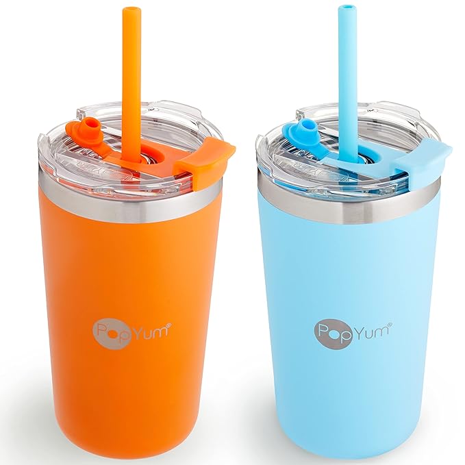 PopYum 13oz Insulated Stainless Steel Kids’ Cups with Lid and Straw, 2-Pack, Orange, Blue, stackable, sippy, baby, child, toddler, tumbler, double wall, vacuum, leak proof
