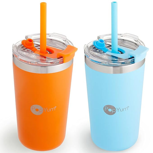 PopYum 13oz Insulated Stainless Steel Kids’ Cups with Lid and Straw, 2-Pack, Orange, Blue, stackable, sippy, baby, child, toddler, tumbler, double wall, vacuum, leak proof