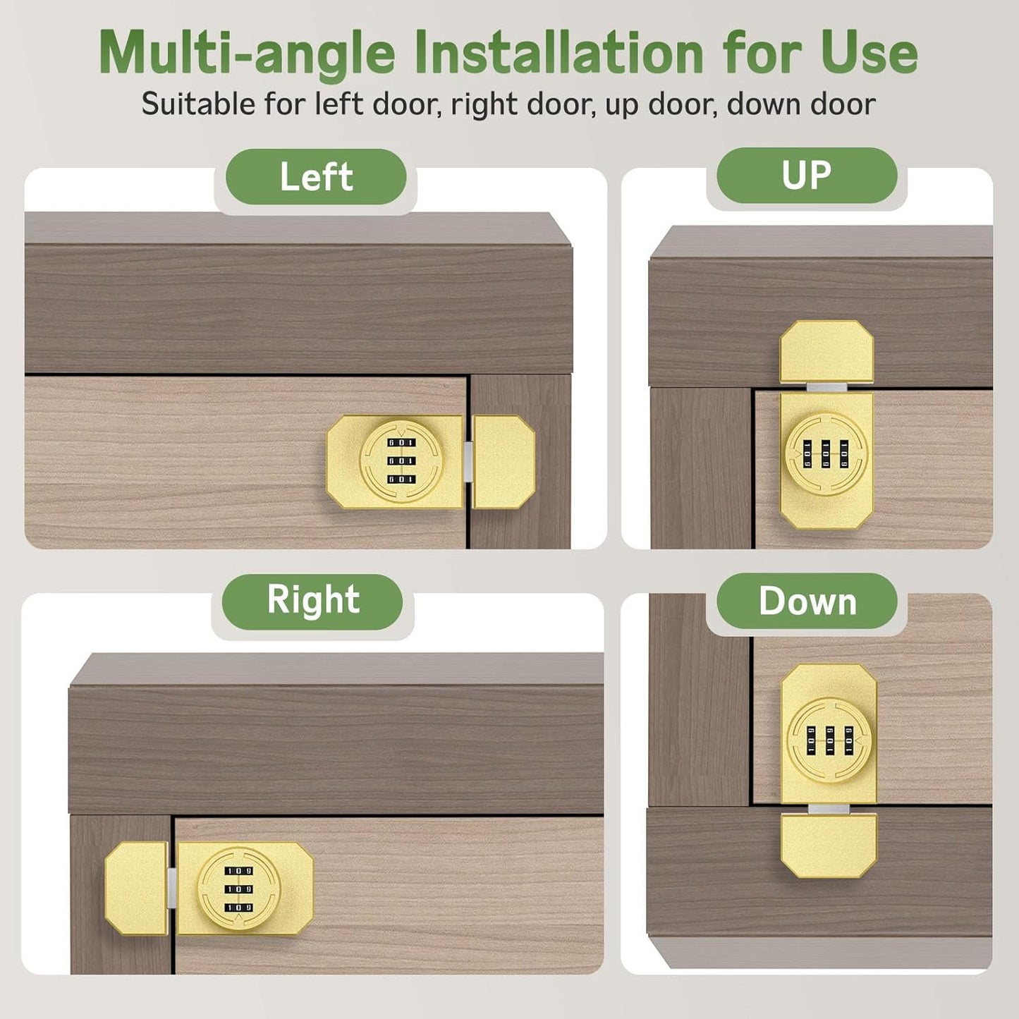 Keyless 3-Digit Combination Lock, Mechanical Stick-on Drawer Latch, Security Adhesive Cabinet Lock for Closet & Barn One-Way Doors (2, Gold)