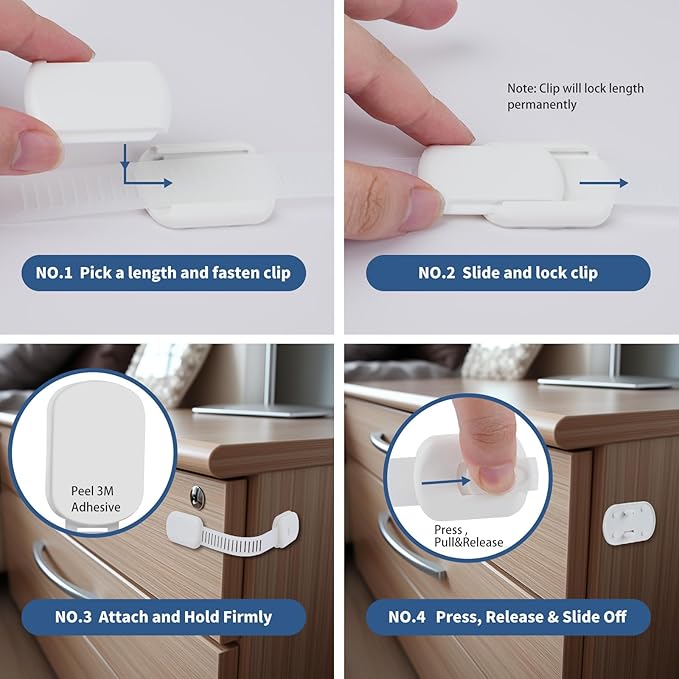 Child Proof Cabinet Locks - Cabinet Locks Baby Proofing with 3M Adhesives for Refrigerator, Oven, Cupboards, Toilet Seat - Adjustable,Easy Installation,No Drilling (24 Pack)