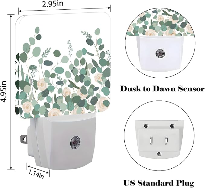Eucalyptus Branches and Roses Night Light,Plug-in Nightlights Auto Sensor Night Lamp Dusk to Dawn Lamp Home Decor for Nursery Children Girls Boys