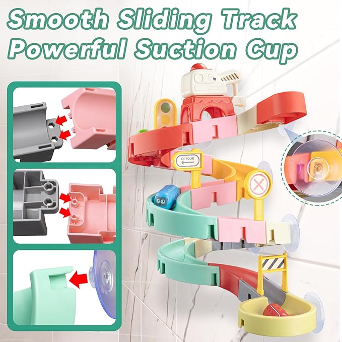 Car Slide Bath Toys for Kids Ages 4-8, Wall Track Building Set for 3-5 Year Old, Fun DIY Kit Bathtub Time Birthday Gift for Toddler Boys & Girls (37 PCS)