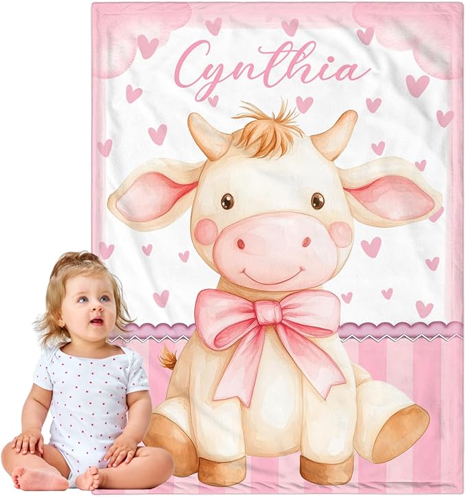 Personalized Baby Blanket for Girls, Custom Baby Blanket with Name, Soft Cozy Personalized Name Blankets for Kids, Customized Cow Blanket for Infant Toddler Birthday Christmas