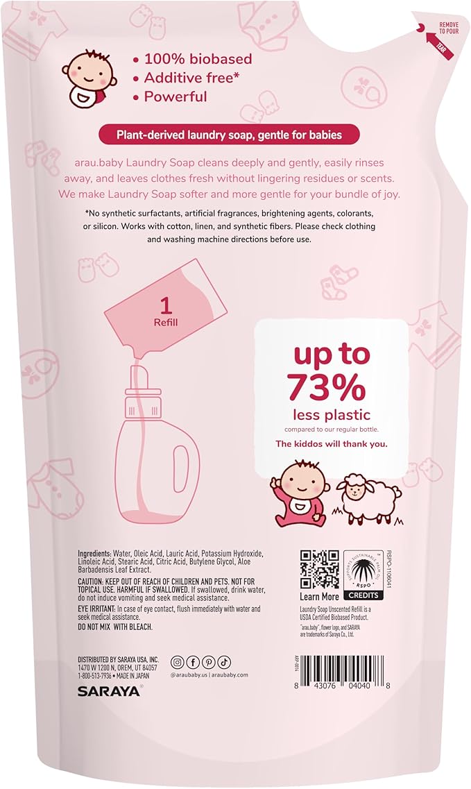Arau Baby Laundry Soap Refill, Unscented, Plant Based Formula, Safe for Sensitive Skin, Baby Laundry Detergent with No Artificial Fragrance or Additives, Newborn and Baby Clothes, 24.3 Fl Oz