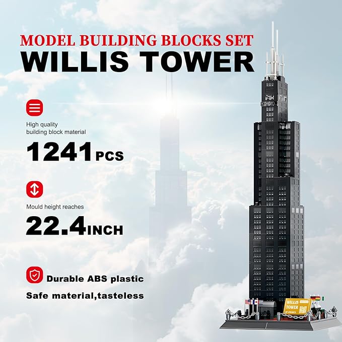 Chicago Willis Tower Model Building Blocks Sets Chicago Skyline Architecture Building Kits Famous Landmark Model Toys Gift for Adults Kids Teens 1241 PCS