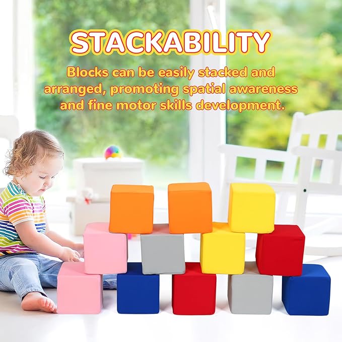 Foam Blocks for Toddlers, 12 Pieces Soft Building Blocks for Kids, Large Foam Cubes Colourful Stacking Block Sets - Throw & Play Toys with Washable Cover(Pink, Dark Blue, Yellow, Orange, Red, Gray)