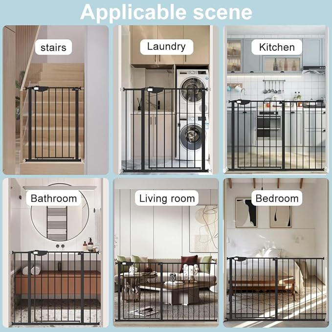 WAOWAO Triple Lock Baby Gate Extra Wide 53.93-57.87" Pressure Mounted Walk Through Swing Auto Close Safety Black Metal Dog Pet Puppy Cat for Stairs,Doorways,Kitchen