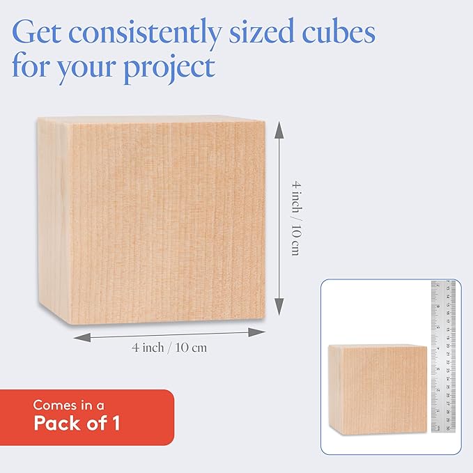 DIY Wood Cubes 4-inch, Pack of 1 Large Blank Wooden Blocks for Crafts, STEM, Building, Monitor Riser, Photo Cube Craft, and Home Decor, by Woodpeckers