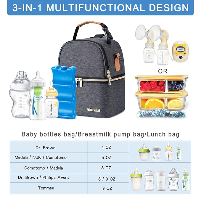 Breastmilk Cooler Bag with Ice Pack Fits 6 Baby Bottles up to 9 Ounce, Breastmilk Pump Cooler Bag with Shoulder Strap for Nursing Mom Daycare, Work, Travel- Grey