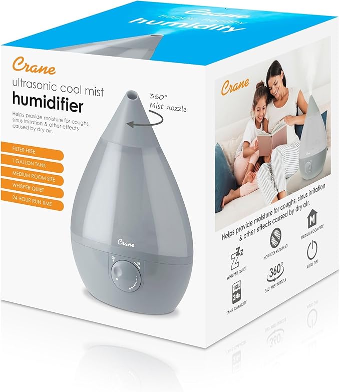 Crane Ultrasonic Teardrop Cool Mist Humidifier, Large 1 Gal Tank, Automatic Shut-Off, Baby Humidifiers for Nursery and Bedroom, Grey