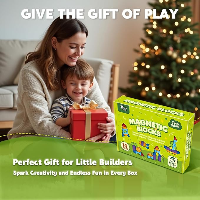 Magnetic Blocks, Large Building Blocks for Toddlers 1-3, Multi-Shape 3D Stacking Blocks Set, Montessori Learning Sensory Magnet Toys for Boys Girls, Kids Gift (14pcs)