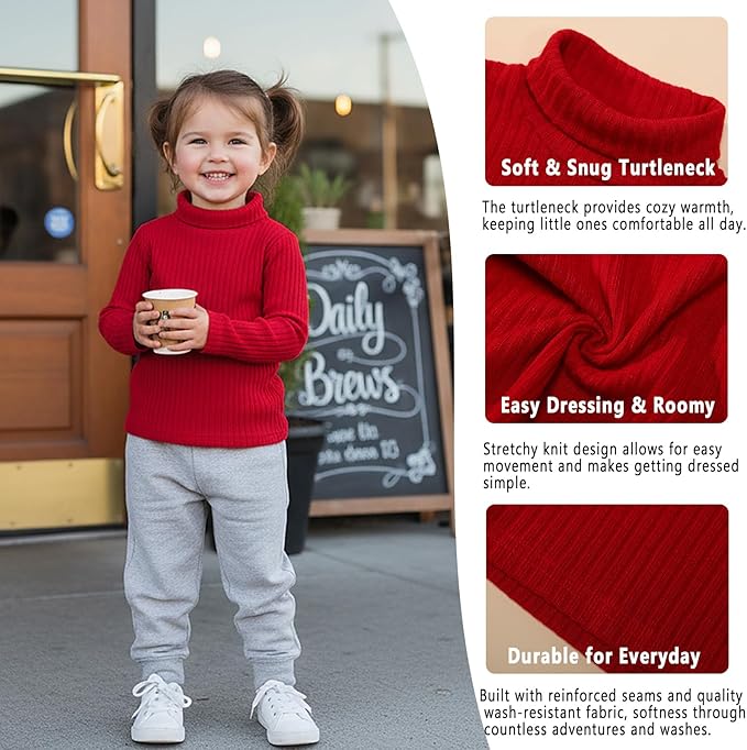 DEFAHN 2 Pack Toddler Unisex Solid Turtleneck T-Shirt Long Sleeve Ribbed Sweatshirt Basic Tee Tops Girls Boys