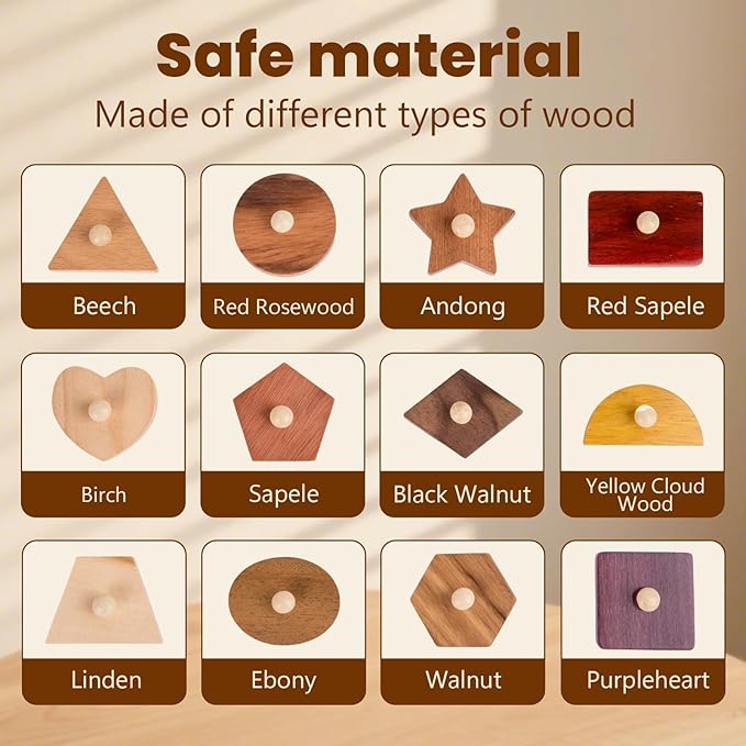 Adena Montessori Wooden Shape Peg 12 Piece of Colorful Shape Cognition Knob Puzzles Baby & Toddler Development Toy (12 Types of Materials)