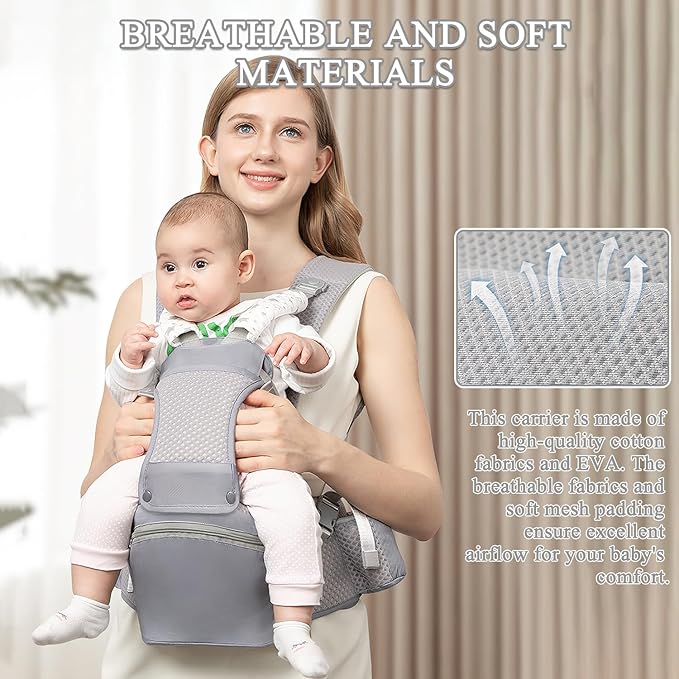 Baby Carrier with Hip Seat for Newborn to Toddler, 6-in-1 Ergonomic Infant Carrier for 0-36 Month Baby, All Positions Soft Breathable Mesh Wrap Carrier with Waist Stool, Baby Holder-Grey