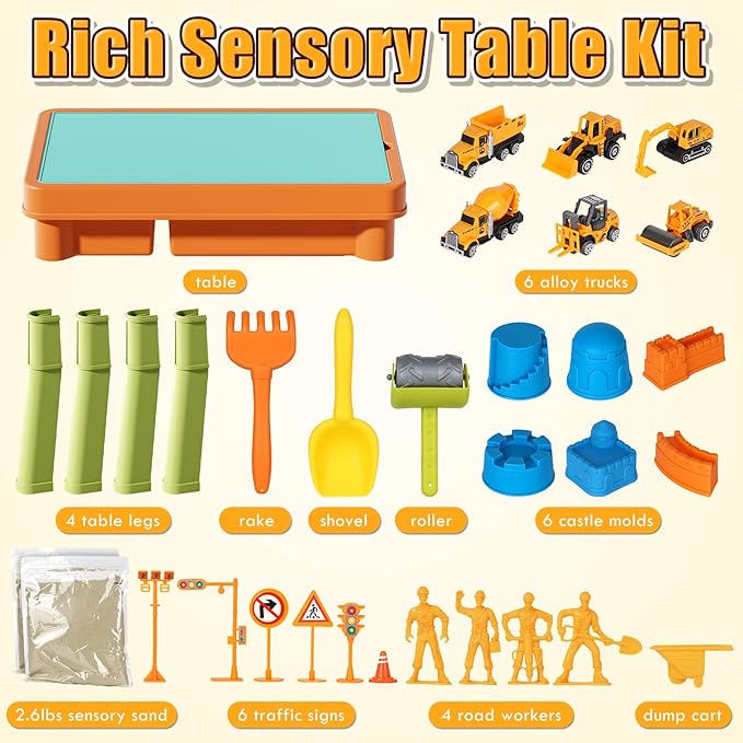 Lehoo Castle Sensory Table with Sensory Sand, Sensory Bin with Lid & 2.6lbs Play Sand, Construction Kit with 6 Alloy Trucks & Castle Molds, Sensory Toys for Toddler Boys and Girls