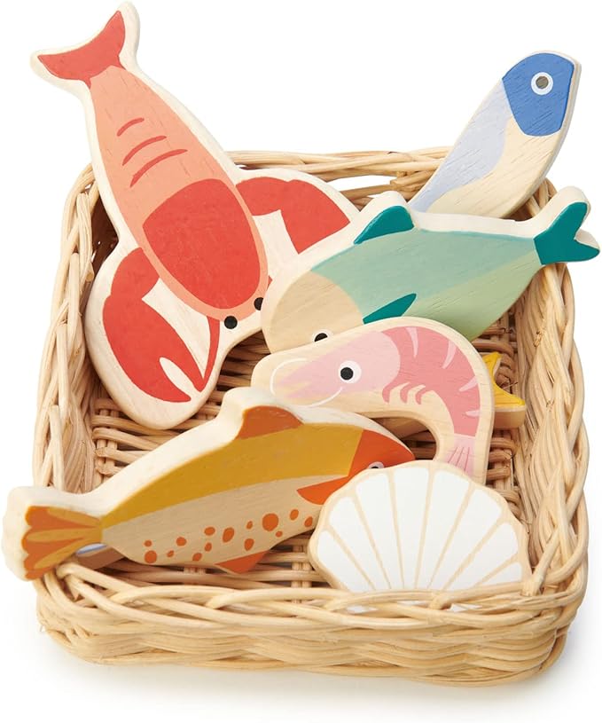 Tender Leaf Toys - Seafood Basket - 6 Pcs Wooden Seafood with Hand-Crafted Wicker Basket, Pretend Food Play Supermarket Shopping Game Play Kitchen Accessories - Age 3+