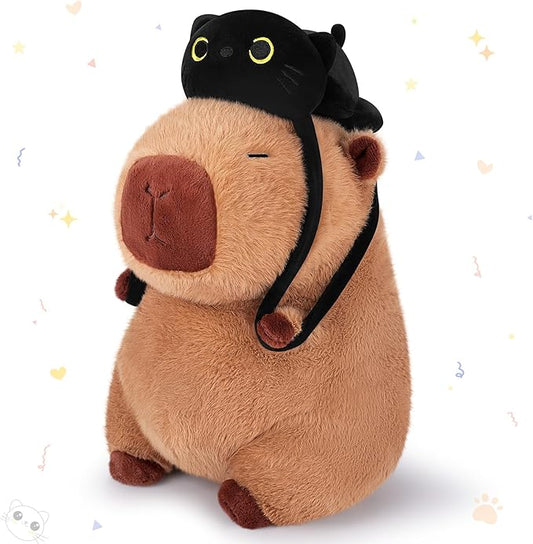 Achwishap Capybara Plush,Capybara Stuffed Animal Cute Plushies,Capybara Plush Toys,Kawaii Plushie Stuffed Toy with Black Cat Backpack Plushies Gifts for Kids Adults(Capybara with Black Cat,14”)