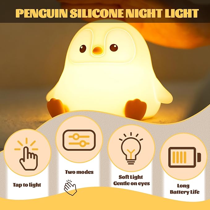 Penguin Nursery Night Light,LED Squishy Silicone Lamp,2 Levels Dimmable Bedroom Nightlight for Kids,Touch Light,Dorm Decor lamp,Baby Boys Girls Gifts (Sitting Penguin)
