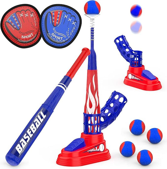 3-in-1 Kids T-Ball Set for Toddlers 3-5 with Fixed Tee Ball Stand, Baseball Launcher, Toss and Catch Ball Game - Outdoor Sports Toy Gift for Boys and Girls