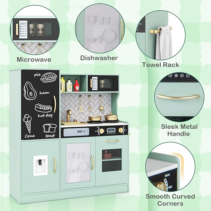 HONEY JOY Upgrade 39 in Kids Kitchen Playset, Large Wooden Little Chef Pretend Toy Kitchen Set w/Chalkboard, Telephone, Utensils, Oven, Microwave, Sink, Storage, Play Kitchen for Toddlers, Green