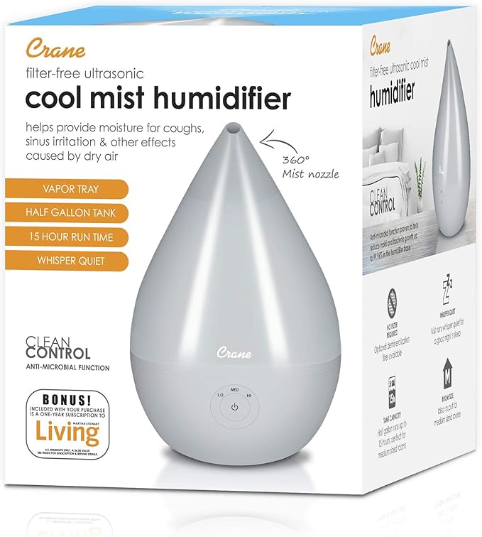 Crane Teardrop Ultrasonic Cool Mist Baby Humidifier for Nursery, Essential Oil Diffuser, Adjustable Settings, Auto Shut-Off, Grey, 0.5 Gallon