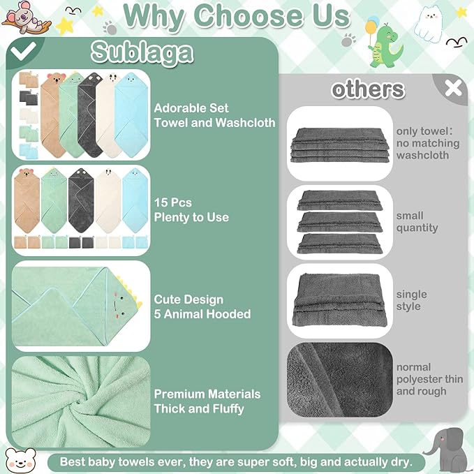 15 PCS Hooded Baby Towels, Soft Baby Towel, Absorbent Baby Bath Towel, 5 Styles Baby Towels and 10 PCS Baby Washcloths for Newborns, Toddlers, and Kids, 32x32 in Baby Towel with Hood for Boy and Girl