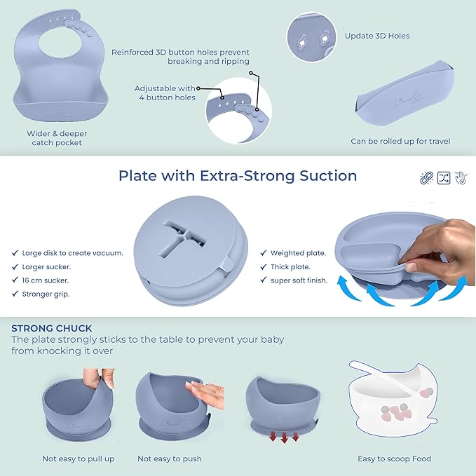 Silicone Baby Feeding Set – 10 Pcs Baby Led Weaning Supplies & Self Feeding Kit | BPA-Free Toddler Plates and Bowls Set, Bib, Fruit Feeder, Cup, Spoons & Forks – Empower Independence with LimeOr -Gray