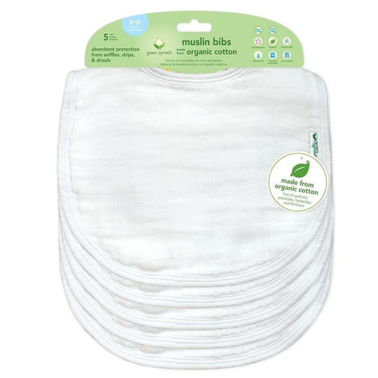 green sprouts Muslin Bibs Made from Organic Cotton| 4 Absorbent Layers Protect from sniffles, Drips, & drools | 100% Organic Cotton Muslin, Adjustable snap Closure, Machine Washable,5 Count