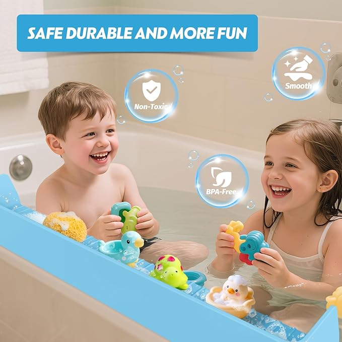 Silicone Bathtub Water Guard for Kids, Longer Play Tub Shelf with 11 Suction Cups, Toy Tray Caddy Holder Attaches to Bathtub Ledge, Prevents Water Spills in Bathroom, Fun Bath Time Storage (Baby Blue)