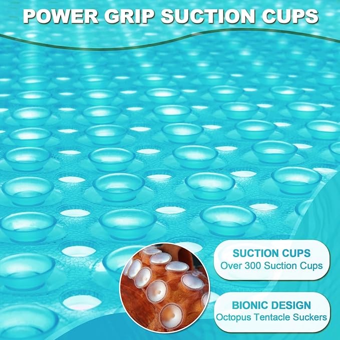 Linoows Bathtub and Shower Mats, 40x16 Inch Extra Large Non Slip Soft Bath Tub Mat with Suction Cups and Drain Holes for Bathroom Floor and Keep Tubs Clean, Machine Washable, Clear Turquoise