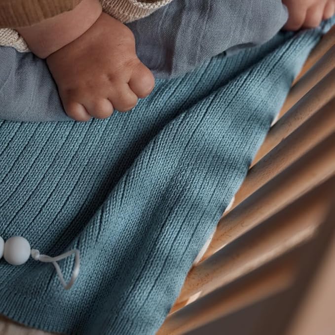 Knitted Organic Cotton Baby Blanket- Swaddle Blanket, 30" x 40" Soft Receiving Blanket for Newborn (Ribbed - Polar Blue)