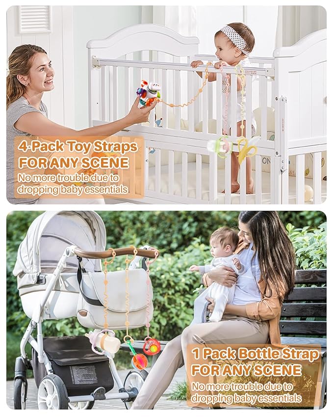 Toy Straps for Baby, Adjustable Toy Holder for Stroller Accessories, Silicone Tether Pacifier Clip, No Throw Travel Essential Leash for High Chair, Car Seat (4 Pack Macaron)