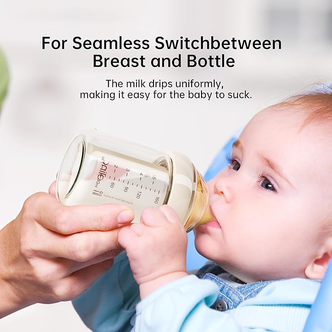 Natural Nursing Glass Baby Bottle - with Anti-Colic Vent System - BPA-Free, 2.7 oz and 5.4 oz with Slow Flow & Medium Flow Nipple, 0-6 Months, 2 Pack (Includes 4pcs Nipples)